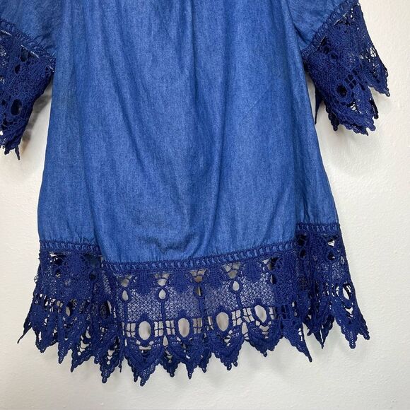 Taxi Blue Chambray Denim Off Shoulder Wide Crochet Lace Trim Top Women 2X FLAWED - Picture 5 of 14